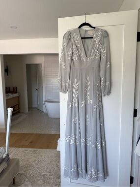 BHLDN Light Gray Embroidered V-Neck Maxi Dress